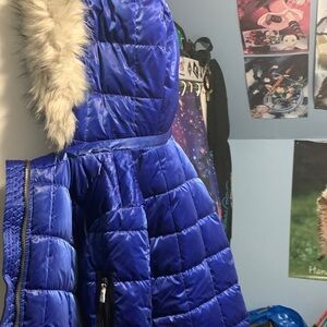 Blue Puffer Vest with Faux Fur Trim